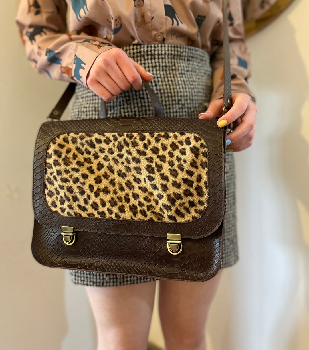 Brown Leather Backpack with Leopard Haircalf Front & Murano details in zipper. Cheetah Hair on Hide Leather Backpack | Leather Pocketbooks  main image 4