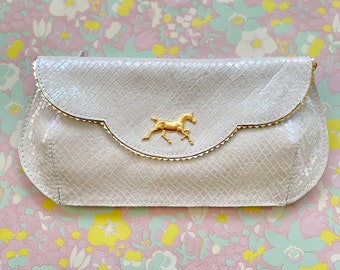 Pearl leather clutch with golden horse, bright wedding clutch,  Evening bag, shiny holographic leather purse