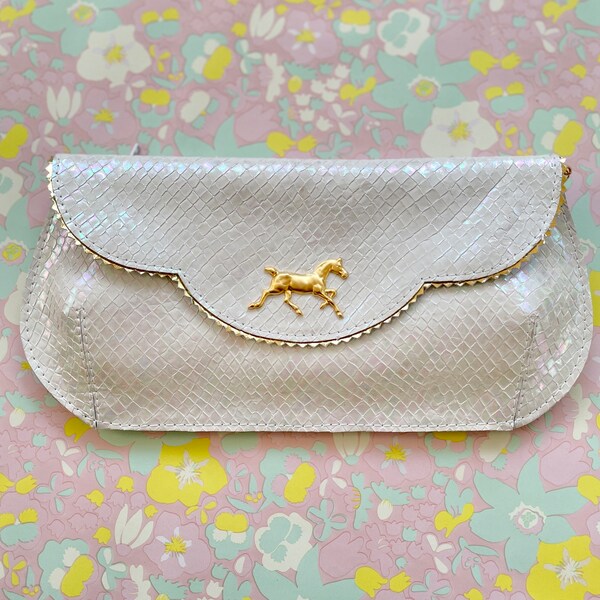 Pearl leather clutch with golden horse, horse races clutch,  bright wedding clutch,  Evening bag, shiny holographic leather purse