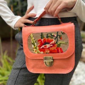 Peach leather handbag with a vintage floral needlepoint,gift for mothers day, small pink leather handbag, handmade needlepoint purse peach