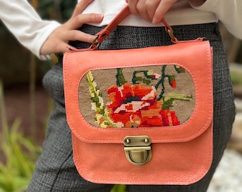 Peach leather handbag with a vintage floral needlepoint, small pink leather handbag, handmade needlepoint purse for women