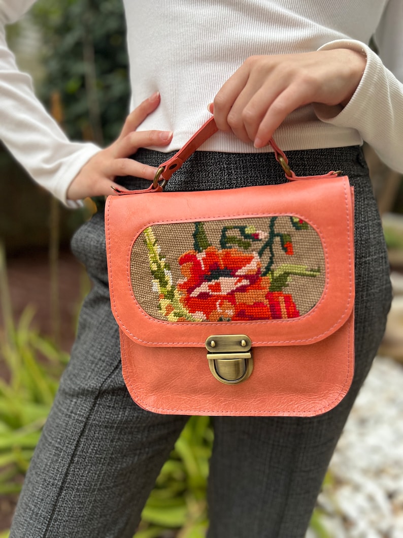 Peach leather handbag with a vintage floral needlepoint,gift for mothers day, small pink leather handbag, handmade needlepoint purse peach