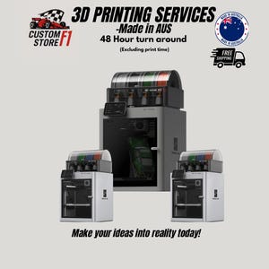 Op de afbeelding: Afbeelding van 3D-printdiensten met drie printers. De tekst luidt "3D PRINTING SERVICES - Made in AUS" met een doorlooptijd van 48 uur. De afbeelding bevat ook de tekst "Make your ideas into reality today!"