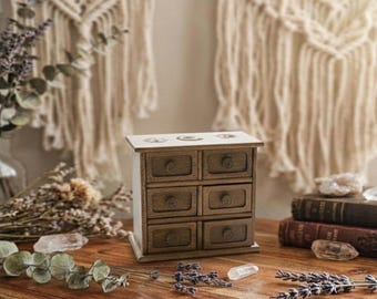 Engraved Mango Wood Herb Cabinet, Gothic Jewelry Organizer