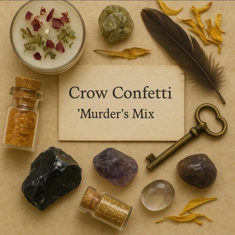 May include: An assortment of mystical items on a beige background. The image features a candle, small glass jars, crystals, a feather, a vintage key, and a card with the text "Crow Confetti 'Murder's Mix".
