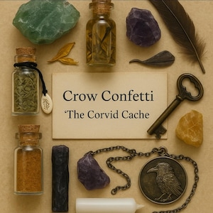 May include: A collection of crystals, herbs in glass jars, a key, a feather, and a crow pendant. The image displays the text "Crow Confetti" and "The Corvid Cache" on a cream card. The items are arranged on a neutral background.