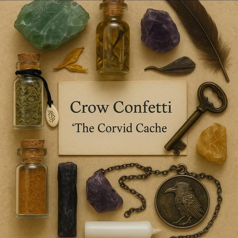 May include: A collection of crystals, herbs in glass jars, a key, a feather, and a crow pendant. The image displays the text "Crow Confetti" and "The Corvid Cache" on a cream card. The items are arranged on a neutral background.