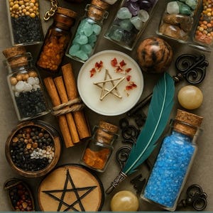 May include: A collection of glass jars with cork stoppers, containing crystals, herbs, and salts, arranged with a candle, cinnamon sticks, and keys. The image includes the text "Crow Confetti" at the bottom.