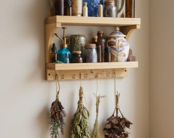 Wooden Herb Drying Shelf with Hooks, Rustic Apothecary Storage, Witchy Altar Decor