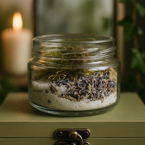 Puede incluir: Un tarro de cristal transparente lleno de capas de ingredientes, incluyendo gránulos blancos, lavanda seca y musgo verde. El tarro está sobre una caja de madera verde claro con un cierre metálico. Una vela encendida y otros tarros están en el fondo.