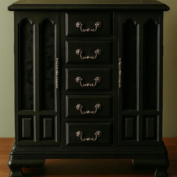 Gothic Black Wooden Jewelry Box | Witchy Altar Storage Cabinet | Esoteric Trinket Chest with Drawers