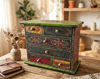 Vintage Boho Hand-painted Jewelry Box  |Chest of Drawers  - Green or Black