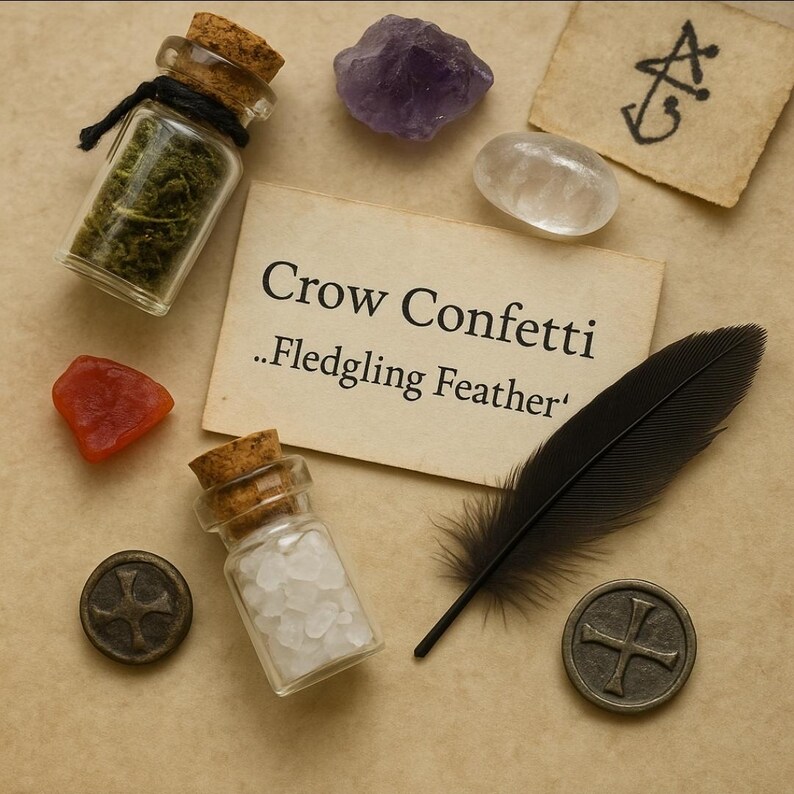 May include: A collection of mystical items including small glass bottles with cork stoppers, crystals, a black feather, and a card that reads "Crow Confetti ..Fledgling Feather". The items are arranged on a beige surface.