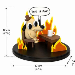 May include: A figurine of a dog in a chair, wearing a hat, with the text "THIS IS FINE" in a speech bubble. The dog is surrounded by flames, with a table and a coffee mug. The base is 6.7 inches wide, 5.5 inches deep, and 4.7 inches tall.