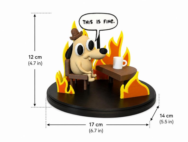 May include: A figurine of a dog in a chair, wearing a hat, with the text "THIS IS FINE" in a speech bubble. The dog is surrounded by flames, with a table and a coffee mug. The base is 6.7 inches wide, 5.5 inches deep, and 4.7 inches tall.