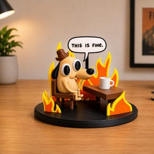 May include: A figurine of a dog wearing a hat, sitting in a chair, surrounded by flames. A speech bubble above the dog reads "THIS IS FINE." A small table holds a white mug. The base is black.