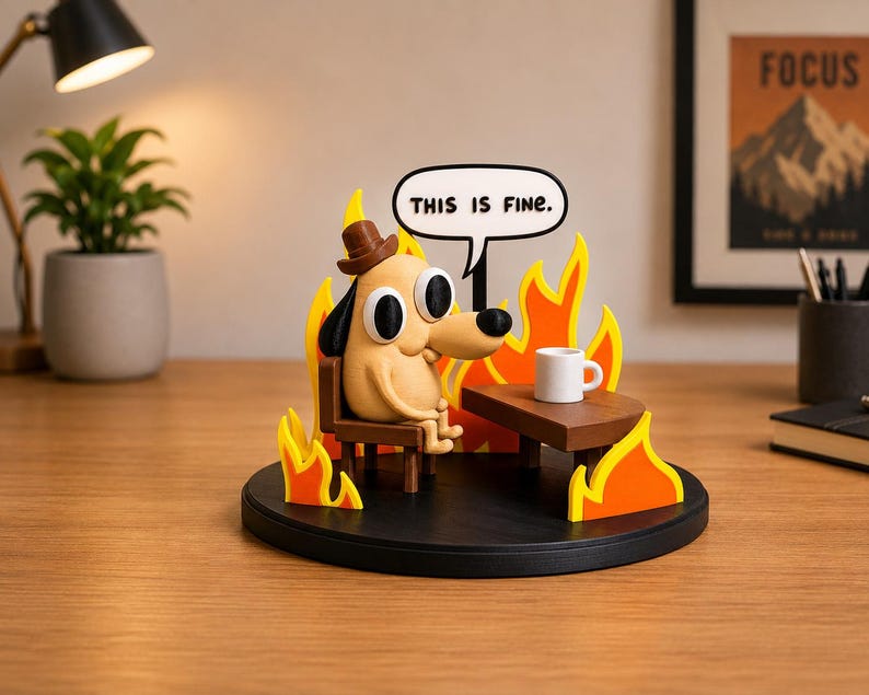 May include: A figurine of a dog wearing a hat, sitting in a chair, surrounded by flames. A speech bubble above the dog reads "THIS IS FINE." A small table holds a white mug. The base is black.