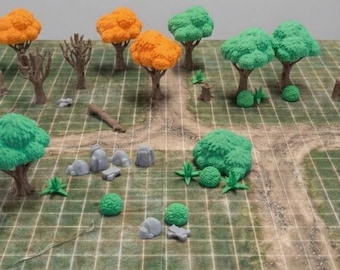 52 piece Tabletop Terrain Forest Set | Trees, Stumps, Rocks | D&D Scenery Scatter