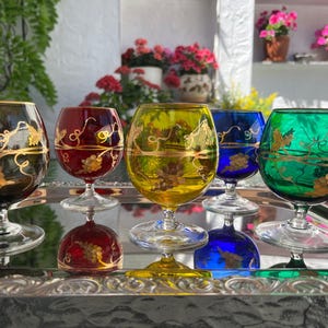 Set of 5 luxury cognac glasses in colored Italian crystal with vintage gold engraving / gift idea
