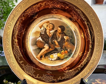 Bavaria gold collector&#39;s plate with reproduction of Murillo&#39;s painting &quot;The Pie Eaters&quot; / gift idea