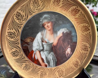 Luxury collector&#39;s plate with gold inlaid rim Bavaria reproduction of Jean-Baptiste Greuze&#39;s painting &quot;The Milkmaid&quot; / gift idea