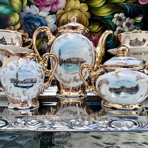 6-person coffee service in fine porcelain with 24-carat gold plating - Bavaria Germany - Venice motif