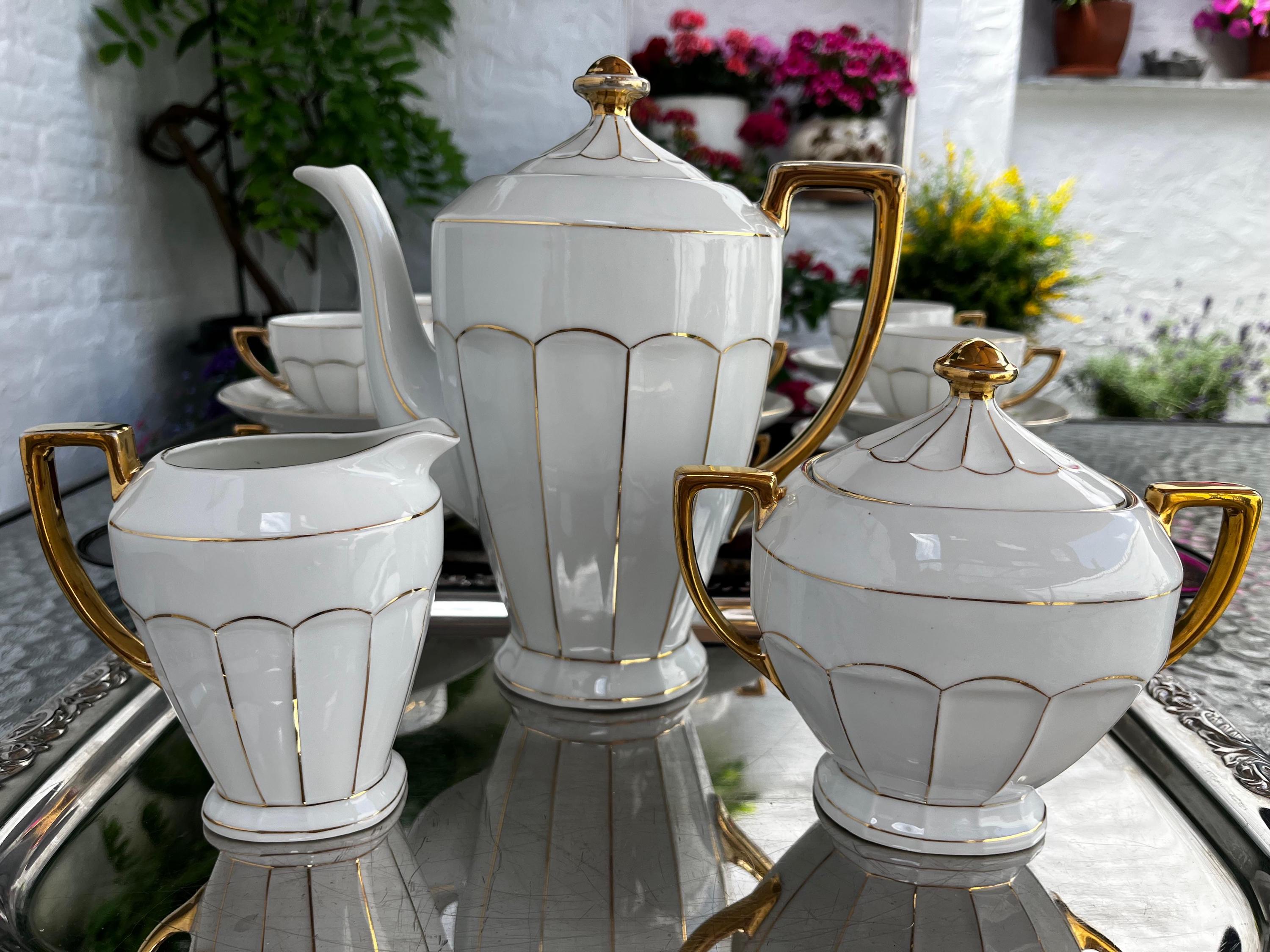 Tea set for 12 people in fine white porcelain Art Deco style Victoria Czechoslovakia / gift idea
