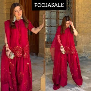 Indian Traditional Wedding/Party Wear Red Crep Silk Kurta palazzo Dupatta Suit Readymade ethnic  Women Dress wedding Punjabi Shalwar Suits