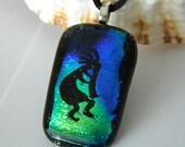 Kokopelli Fused Glass Green and Blue Dichroic Pendant Necklace