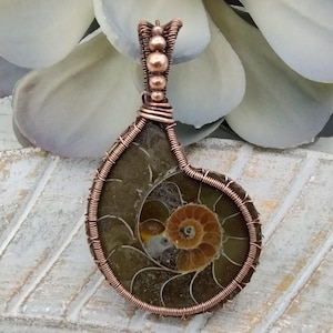 May include: A pendant featuring a spiral-shaped ammonite fossil with brown and tan tones, encased in a decorative copper wire wrap. The wire design includes a bail at the top accented with three small copper beads, securing the fossil securely.