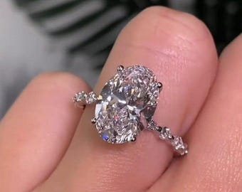 3ct Oval Moissanite Diamond Engagement Ring With Side Stone Marquise And Round Diamond 14K Gold Hidden Halo Ring, Oval Bubble Band Ring