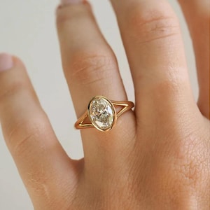 2 CT Oval Cut Moissanite Engagement Ring, Bezel Set Moissanite Solitaire Ring, 14K Yellow Gold Ring, Split shank Ring, Anniversary Gift Ring