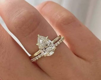 2カラット ペアカット モアッサナイト エンゲージリングセット 14K ソリッドゴールド 結婚指輪セット ブライダルリングセット アニバーサリーリングセット 女性用 ペアリングセット