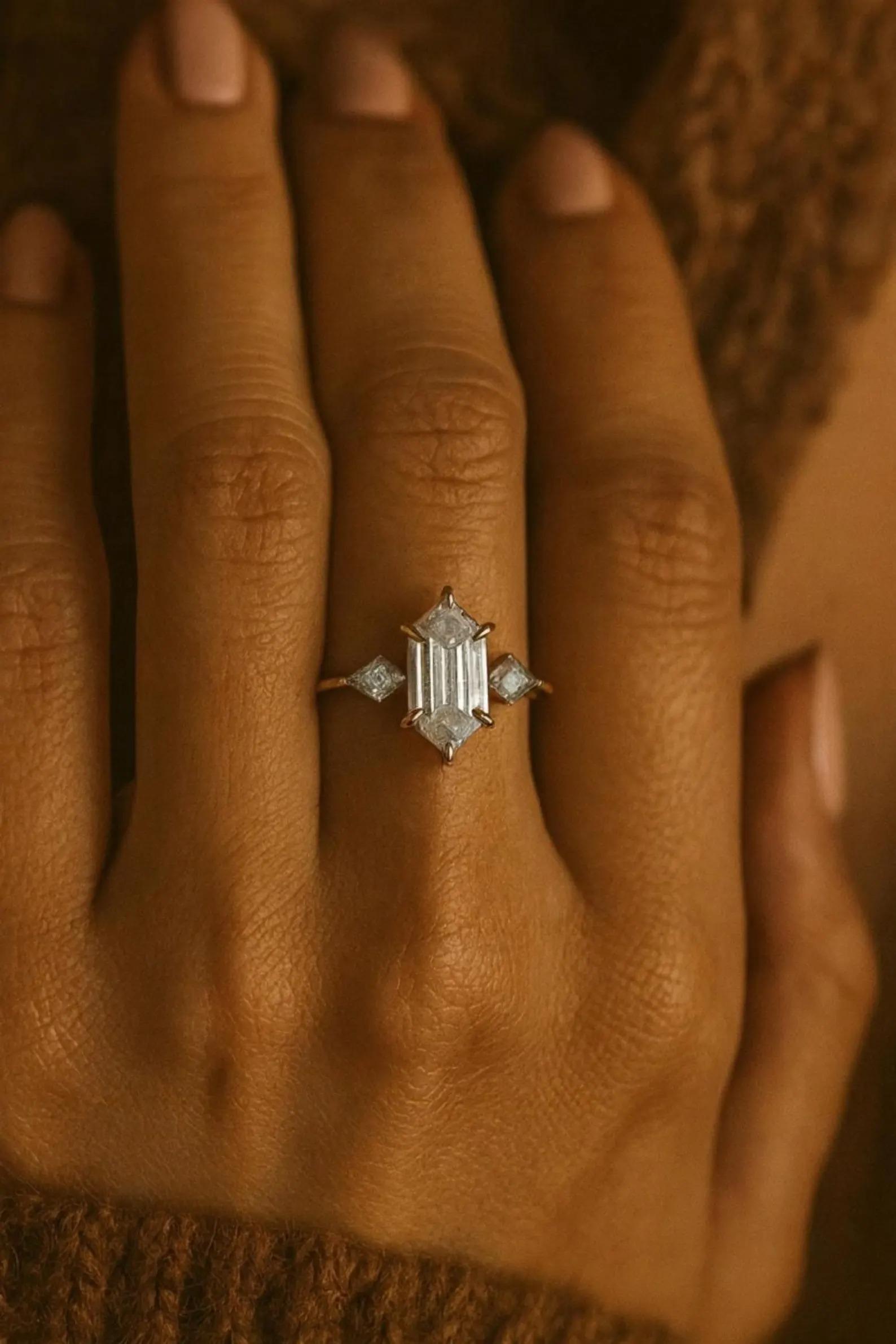 Hexagon Cut Moissanite Trilogy Engagement Ring, Kite Cut Engagement ...