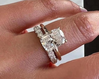 3CT Elongated Cushion Cut Moissanite Engagement Ring Set, Solitaire Long Cushion Cut Moissanite Ring Set, 14K Gold Bridal Set Wedding Gift