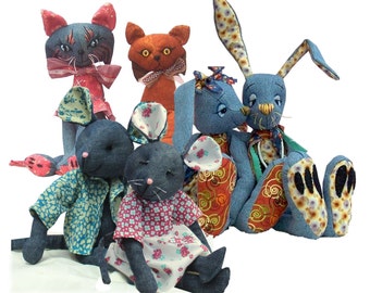 Raggedy soft toy sewing patterns.  Cat, Mouse and Rabbit.   Three printed patterns