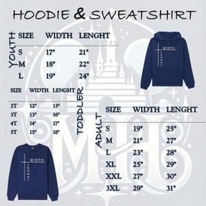 May include: A navy blue hoodie and sweatshirt size chart. The chart includes measurements for youth, toddler, and adult sizes, with width and length in inches. The image also shows a navy blue hoodie and sweatshirt.