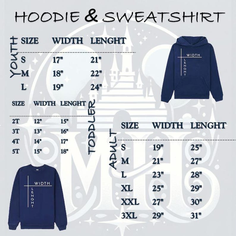 May include: A navy blue hoodie and sweatshirt size chart. The chart includes measurements for youth, toddler, and adult sizes, with width and length in inches. The image also shows a navy blue hoodie and sweatshirt.