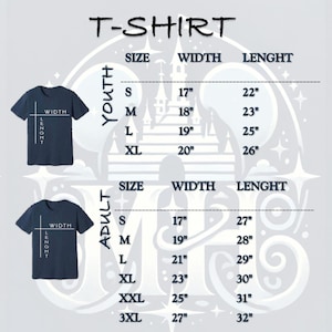 May include: A T-shirt size chart featuring two dark blue T-shirt icons with width and length labels. The chart lists Youth sizes S to XL with widths from 17 to 20 inches and lengths from 22 to 26 inches, and Adult sizes S to 3XL with widths from 17 to 27 inches and lengths from 27 to 32 inches.