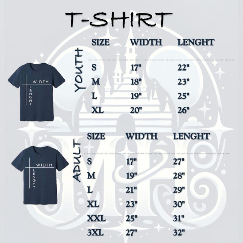 May include: A T-shirt size chart featuring two dark blue T-shirt icons with width and length labels. The chart lists Youth sizes S to XL with widths from 17 to 20 inches and lengths from 22 to 26 inches, and Adult sizes S to 3XL with widths from 17 to 27 inches and lengths from 27 to 32 inches.