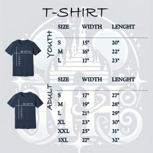 Puede incluir: Tabla de tallas de camisetas azul marino con medidas en pulgadas para tallas de j&oacute;venes y adultos. La tabla incluye medidas de talla, ancho y largo para cada talla, de la S a la 3XL. (1 pulgada = 2,54 cm)