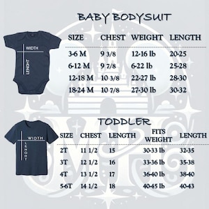 May include: Navy blue baby bodysuit and toddler t-shirt size chart. The chart includes measurements for chest, weight, and length in inches and pounds. Sizes range from 3-6 months to 5-6T.