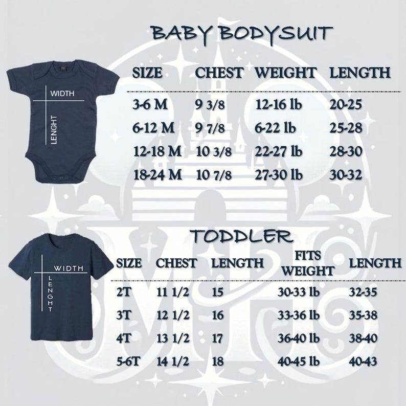 May include: Navy blue baby bodysuit and toddler t-shirt size chart. The chart includes measurements for chest, weight, and length in inches and pounds. Sizes range from 3-6 months to 5-6T.