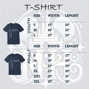 May include: A navy blue t-shirt size chart with measurements in inches for youth and adult sizes. The chart includes size, width, and length measurements for each size, from small to 3XL.