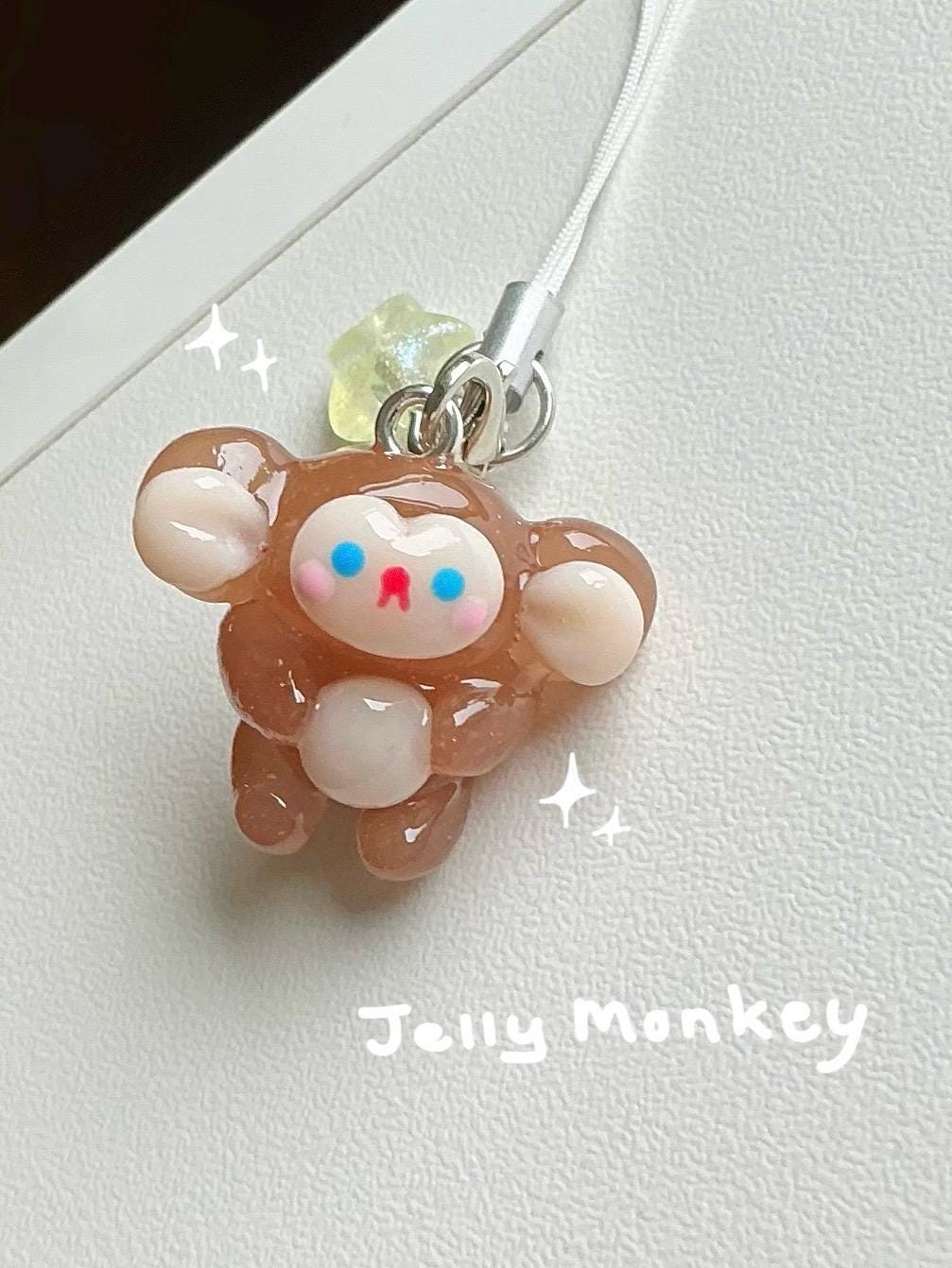 Lucky Monkey Phone Charm, Glitter-Jelly, Translusent Monkey Keychain with Star Charm.