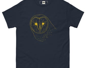 Minimalistische Schleiereule Linie Kunst T-Shirt | Goldenes Eulen-Tier-Grafik-T-Shirt