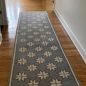 Moderner Oushak Teppichläufer 70x150 - Türkiser Wollteppich mit Sternenmuster 200x300