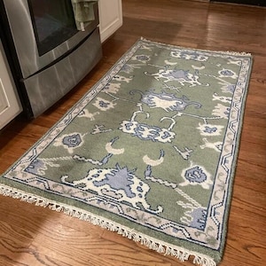 Olive Green Oushak Rug 5x7 6x9 8x10 9x12 10x14 12x15 12x18, Hand Knotted Wool Area Rug, Floral Living Room Carpet, Custom Size