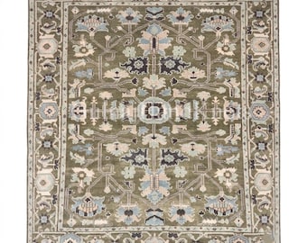 Olive Green Oushak, Hand Knotted Wool Rug, Traditional Floral Area Rug, Sage Green Oriental Style Carpet for Living Room, Custom Size Rug