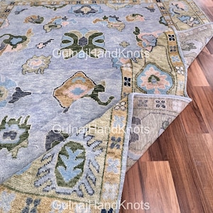 Soft Teal Blue & Sage Green Oushak Rug 9x12 – Handknotted Wool Carpet with Olive Border, Light Blue Modern Floral Rug for Living Room 5x8